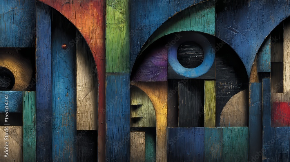 Poster vibrant geometric patterns and textures on a colorful wooden block sculpture with abstract design