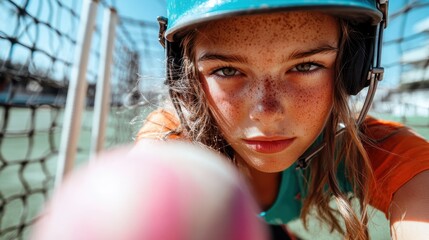 A young female athlete with freckles and helmet gazes intensely at the camera, symbolizing determination and focus during a softball practice on a bright day.