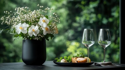 A beautifully arranged table featuring fresh flowers and wine glasses, creating a refined ambiance ideal for romantic dinners or elegant gatherings with loved ones.