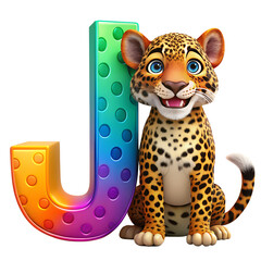 Fototapeta premium Adorable leopard cub sitting next to colorful letter j