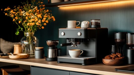 Obraz premium A contemporary coffee brewing setup beautifully arranged with fresh flowers, showcasing an inviting atmosphere perfect for enjoying a moment of relaxation and indulgence.