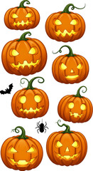 Illustration Of Carved Halloween Pumpkins Glowing on Transparent Background