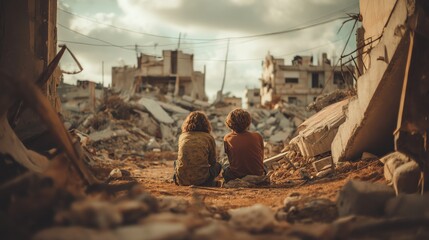 Children Facing War - Ravaged Ruins: A Cry for Peace