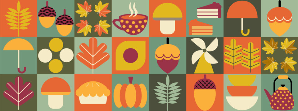 Autumn geometric mosaic background pattern. Modern figure, shape and autumn elements. Scandinavian. Minimalistic elements for design, contemporary natural organic harvest.