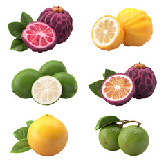 Close up view of fresh exotic citrus fruits with vibrant colors and sliced sections on transparent.