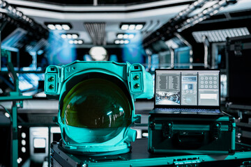 Close up of space helmet next to laptop running ship systems interface inside futuristic...
