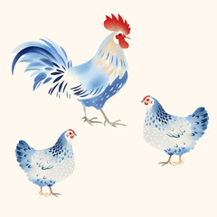 Cockerel and hens watercolor vector