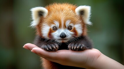 Obraz premium Tiny red panda in a human hand