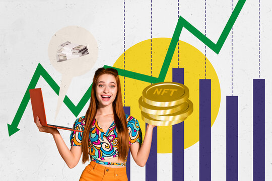 Trend artwork sketch design montage collage of crisis loss budget business earnings younglady smile hand hold coins laptop message money