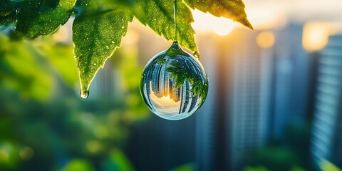 Nature Reflection in Water Droplet on Leaf with City Background