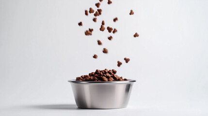 Dry brown pet food falling into stainless steel bowl on white background, capturing fresh and appetizing moment for pets