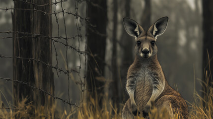 Young kangaroo sitting near barbed wire fence in natural forest environment with moody lighting and soft focus background