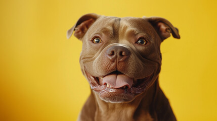 Happy brown dog with tongue out and bright eyes looking at camera on yellow background