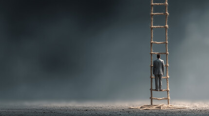 Man in suit stands on tall rope ladder against dark, foggy background, symbolizing ambition and journey toward success in mysterious atmosphere