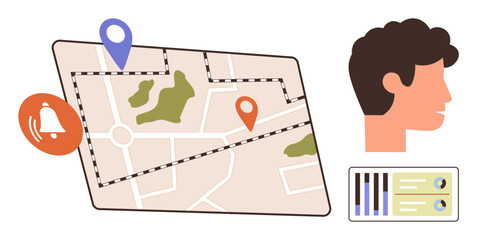 Map with location pins and green areas, profile silhouette, bell alert icon, and analytics chart. Ideal for navigation, GPS, notifications, personal data monitoring tracking and analysis. A simple
