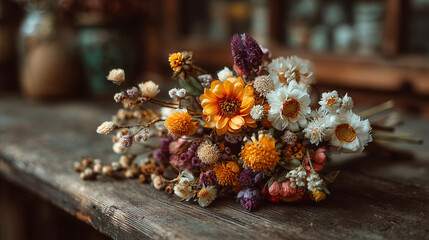 Dried flower bouquet with orange, white, and purple blossoms resting on rustic wooden surface, evoking warm and nostalgic atmosphere in cozy setting