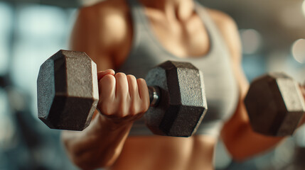 Close up of person lifting black hex dumbbells with both hands, wearing gray sports bra, showing muscle tone and strength in gym environment