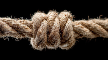Rough natural fiber rope tied in secure knot with visible texture and frayed strands against black background, symbolizing strength and connection