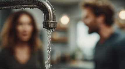 Running water from kitchen faucet with blurred couple in background, creating calm and domestic atmosphere in modern home setting