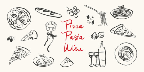 Whimsical italian food doodles. Quirky icons of Italian food in simple crayon and sketch style. Trendy art for menus and dinner brunch invitations. La dolce vita vector illustration