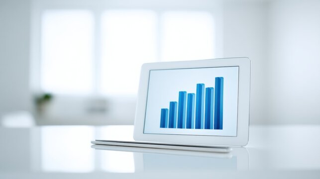 Tablet device on white table with blue vertical bar graph digital chart business data analytics in bright office environment minimaic style