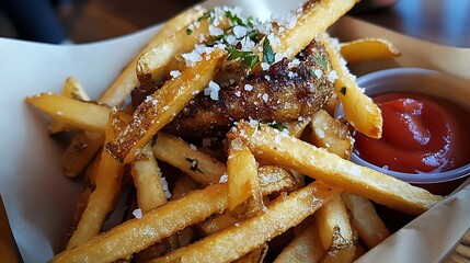 Crispy Parmesan French Fries with Seasoned Fish Cake and Ketchup