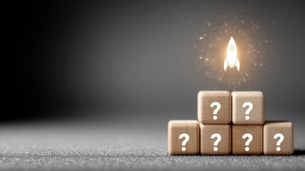 Wooden blocks with question marks stacked in pyramid shape with glowing rocket symbol above representing startup ideas and innovation concept background