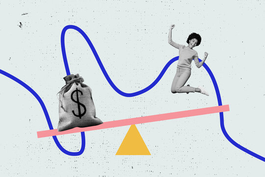Full 3d poster art collage of happy businesswoman jump carouse scale comparison dollar bag income capital transaction money