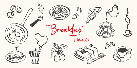 Whimsical breakfast doodles. Quirky icons of Italian food in simple crayon and sketch style. Trendy art for menus and dinner brunch invitations. La dolce vita vector illustration