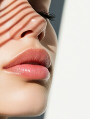 Close up of glossy lips under sunlight with soft shadow for skincare, lip balm or makeup branding