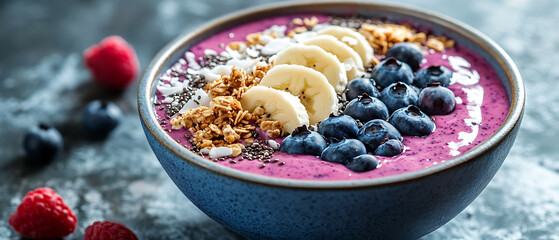 Berry Smoothie Bowl Topped with Bananas, Blueberries, Raspberries, and Granola