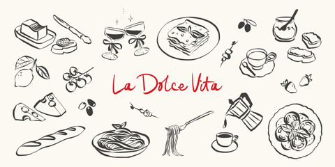 Whimsical italian food doodles. Quirky icons of Italian food in simple crayon and sketch style. Trendy art for menus and dinner brunch invitations. La dolce vita hand drawn vector illustration