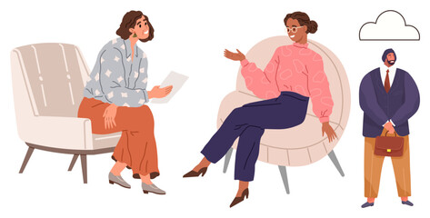 Two women discussing in armchairs, one man standing confidently with briefcase. Ideal for teamwork, counseling, leadership, business coaching, diversity, collaboration, simple flat metaphor