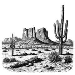 Illustration of Desert Landscape with Cactus and Mountains in Black and White
