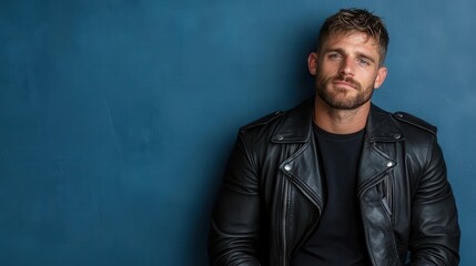 A dramatic close-up portrait of a bearded man dressed in a black leather jacket against a contrasting blue background, conveying strength, charisma, and intense character.
