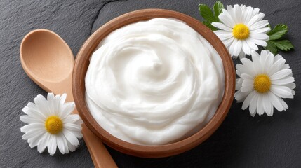Bowl of creamy white yogurt or sour cream with swirled texture placed on dark textured stone surface with wooden spoon and white daisy flowers arranged nearby