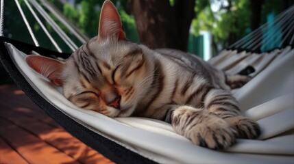 Sleeping tabby cat resting comfortably stretched out on white hammock outdoors in shaded garden near tree with soft natural lighting and peaceful atmosphere