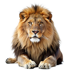 Fototapeta premium Majestic male lion with full mane resting peacefully on a white background isolated on a transparent background
