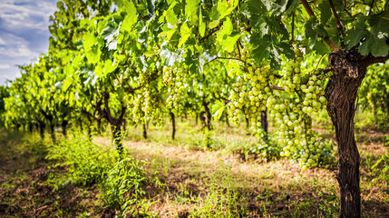 Ripe White and Red Grapes in Wicker Basket on Sunny Valley. Harvesting
