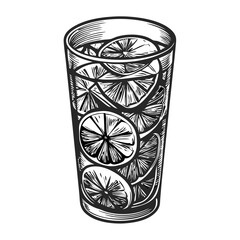 Fototapeta premium Infused water in glass with lemon slices. Refreshing citrus infused water drink in tall glass. Hand-drawn engraving of infused water perfect for restaurant menu design.