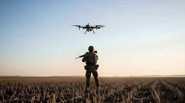 Person in combat gear observing a drone in open field under a clear blue sky. Drone hovers overhead in late day sun creating an atmosphere of surveillance and military operation.