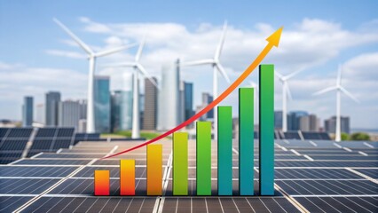 Solar panels and wind turbines with a city skyline in the background, featuring a rising bar graph symbolizing growth in renewable energy.