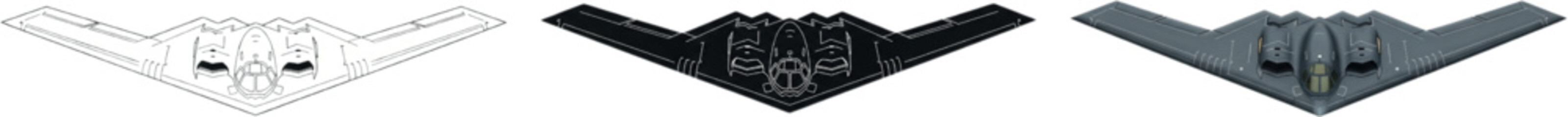B-2 Spirit Stealth Bomber Trio – Top View Illustrations in Realistic, Silhouette, and Technical Line Art Styles


