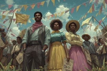 Young african adults at colorful outdoor festival with banners