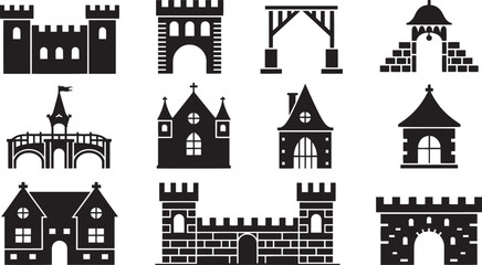Obraz premium Collection of black silhouette castle and building icons architecture