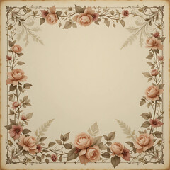  Vintage floral border design, faded roses and leaves on clear background.

