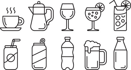 Collection of black line art beverage icons on white background drink cold