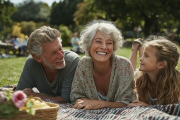 Caucasian elderly couple and young girl enjoying picnic outdoors on sunny day