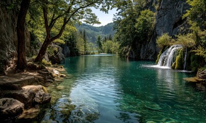 Naklejka premium Serene Mountain Lake Surrounded by Lush Greenery and Flowing Waterfalls in a Picturesque Natural Landscape During a Clear Sunny Day