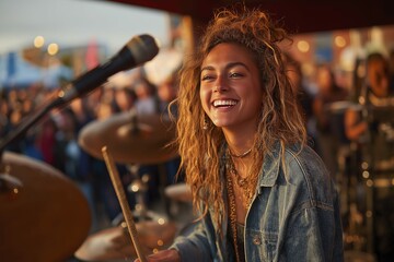 Female caucasian young drummer performing energetic live music outdoor concert